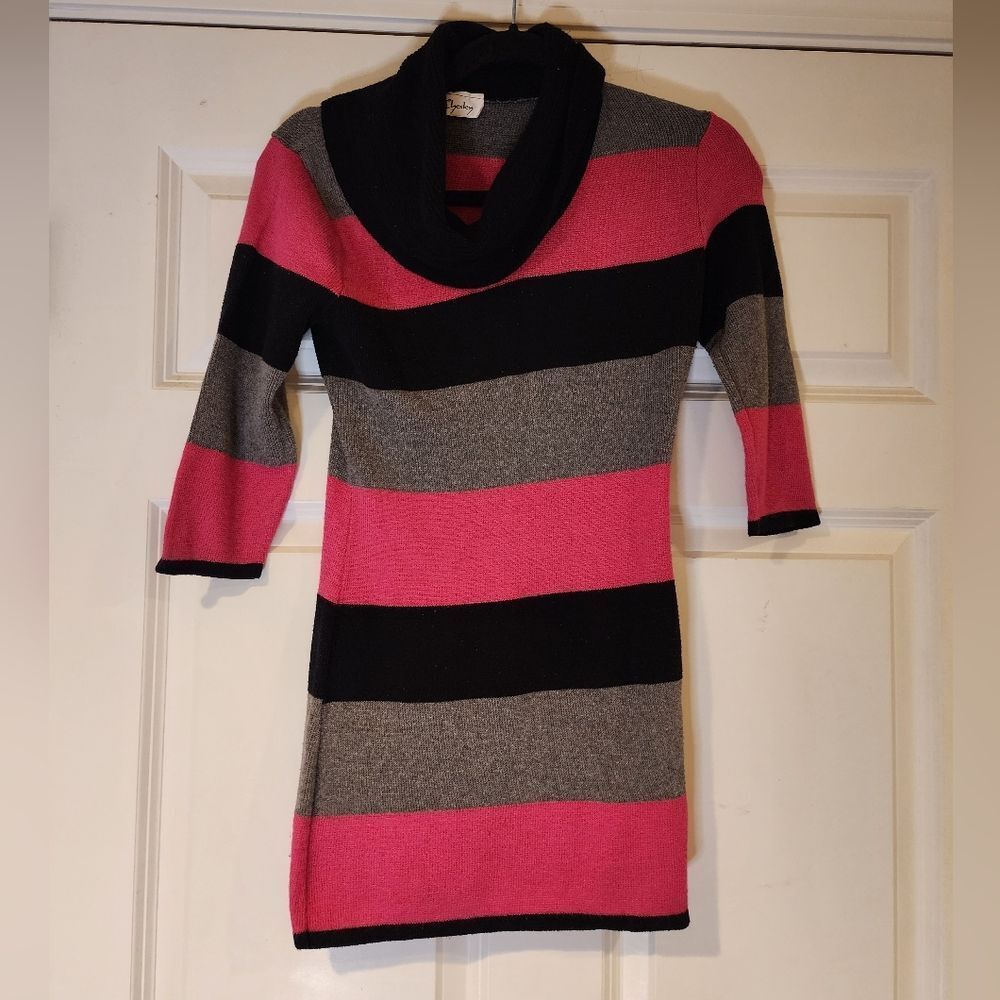 Y2K Pink/black/gray striped Long Sleeve sweater dress M